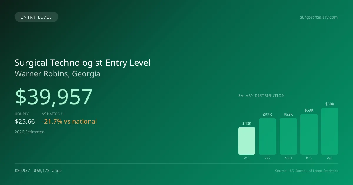 Surgical Technologist Entry Level Salary in Warner Robins, GA — 2026 est., based on 2025 BLS